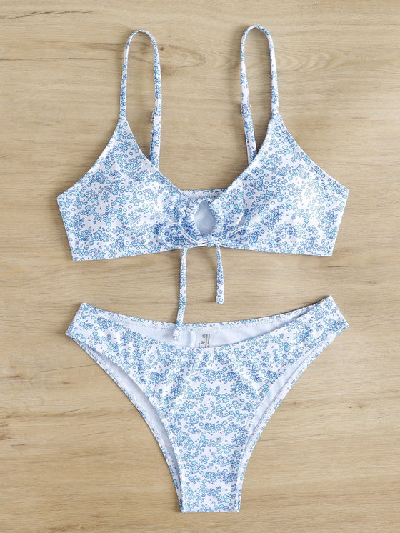 Ditsy Floral Tie Front Bikini Swimsuit