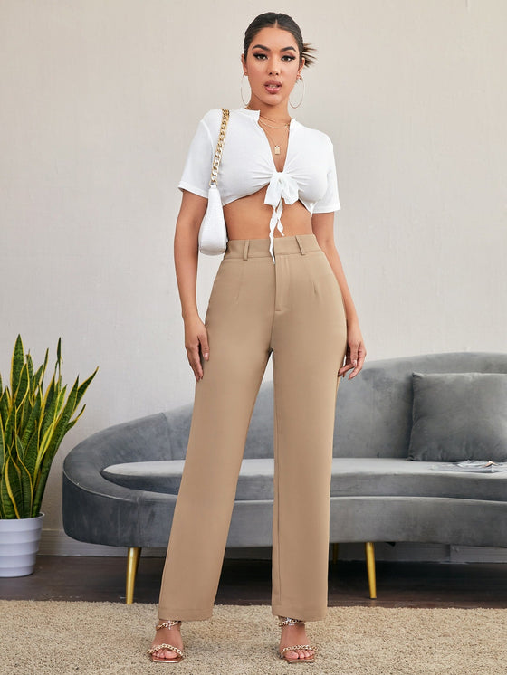 Solid High Rise Tailored Pants