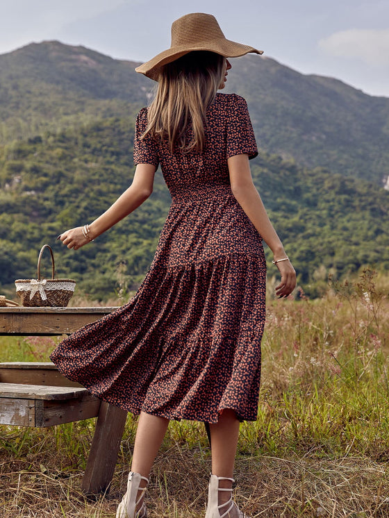 Ditsy Floral Print Shirred Waist Ruffle Hem Dress