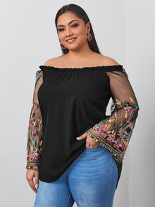  Plus Embroidery Mesh Sleeve Bardot Blouse