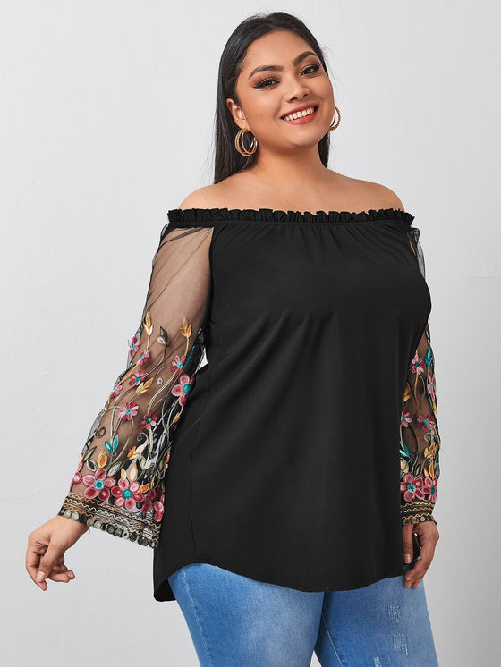 Plus Embroidery Mesh Sleeve Bardot Blouse