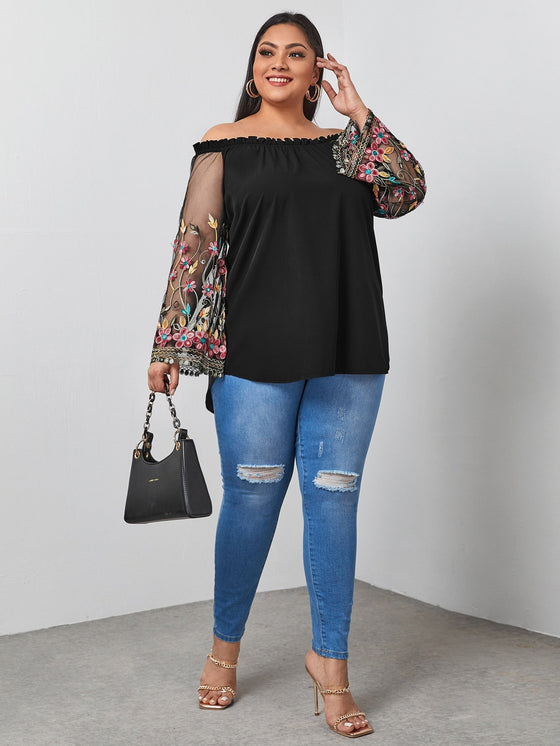 Plus Embroidery Mesh Sleeve Bardot Blouse