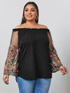 Plus Embroidery Mesh Sleeve Bardot Blouse