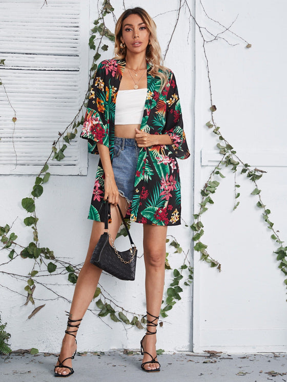 Open Front Tropical Print Kimono