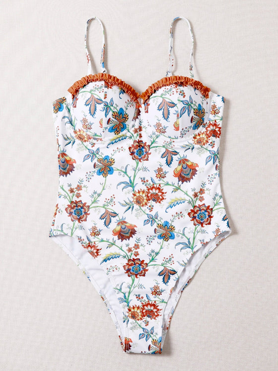 Floral Print Frill Push Up One Piece Swimsuit