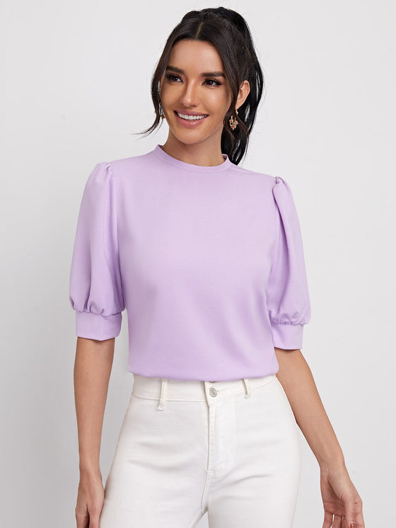 Keyhole Back Mock neck Puff Sleeve Top