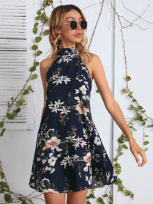  Tie Back Floral Print Halter Dress