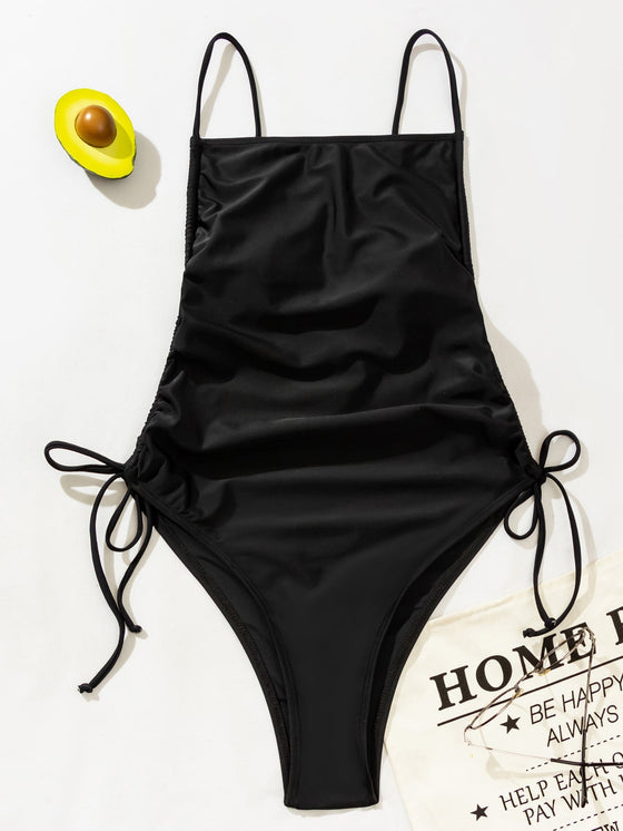 Drawstring Tie Side One Piece Swimsuit