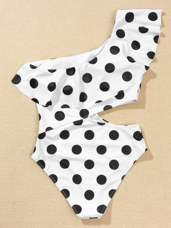 Polka Dot Ruffle One Shoulder One Piece Swimsuit