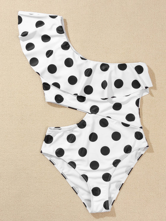 Polka Dot Ruffle One Shoulder One Piece Swimsuit