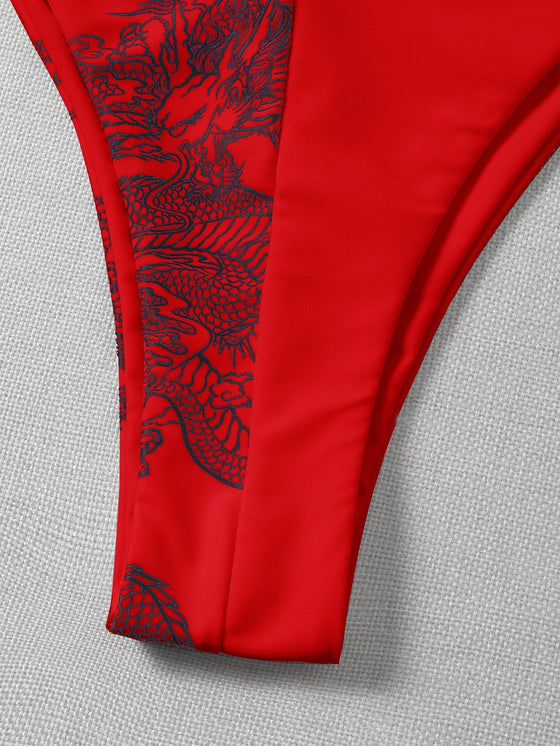 Chinese Dragon Print Micro Triangle Bikini Swimsuit