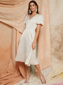  Puff Sleeve Solid Satin Dress