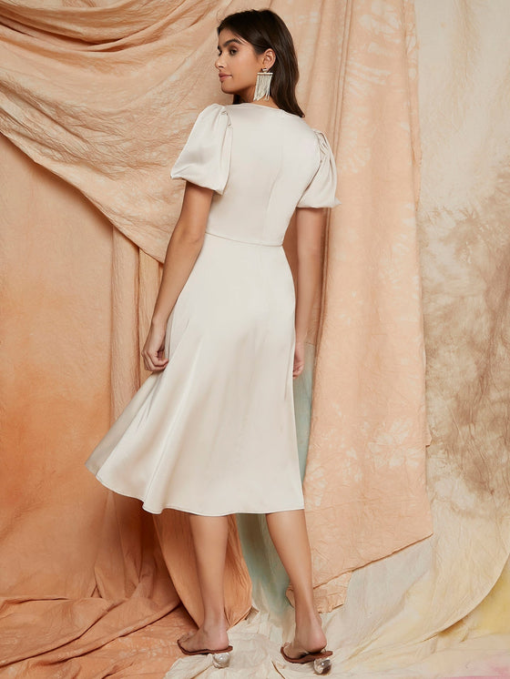 Puff Sleeve Solid Satin Dress