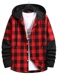  Men Gingham Drawstring Hooded Shirt