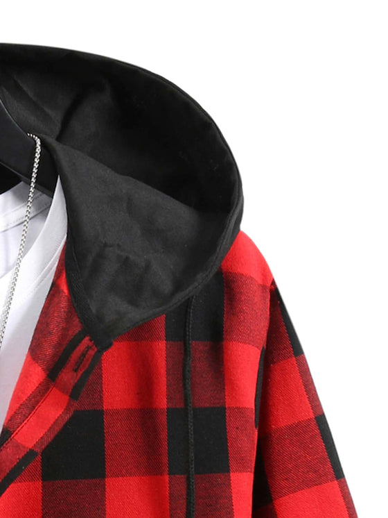 Men Gingham Drawstring Hooded Shirt