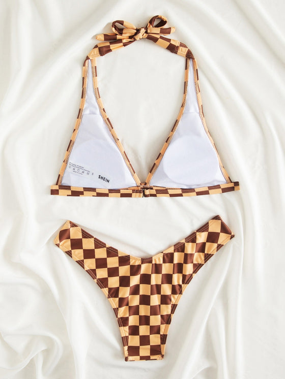 Checkered Halter Bikini Swimsuit