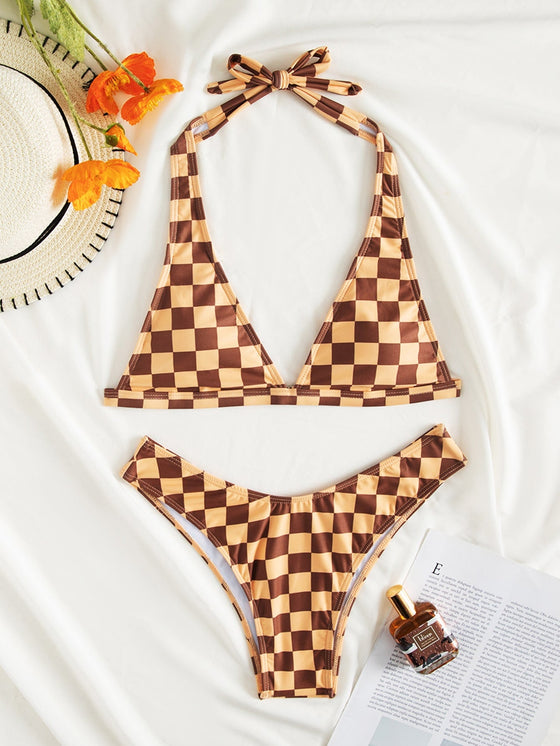 Checkered Halter Bikini Swimsuit