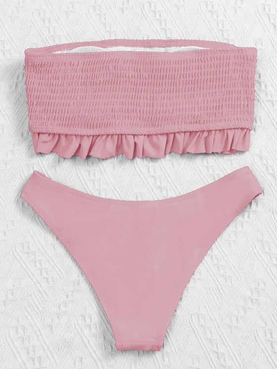 Smocked Frill Bandeau Bikini Swimsuit