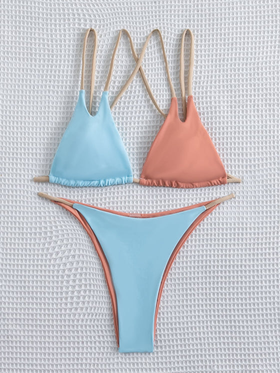 Color Block Triangle Thong Bikini Swimsuit