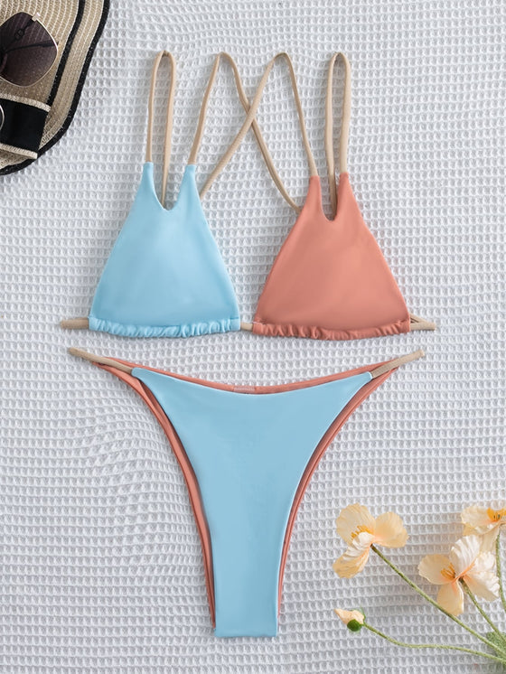 Color Block Triangle Thong Bikini Swimsuit