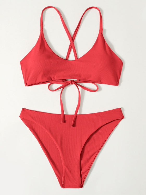 Rib Tie Back Bikini Swimsuit