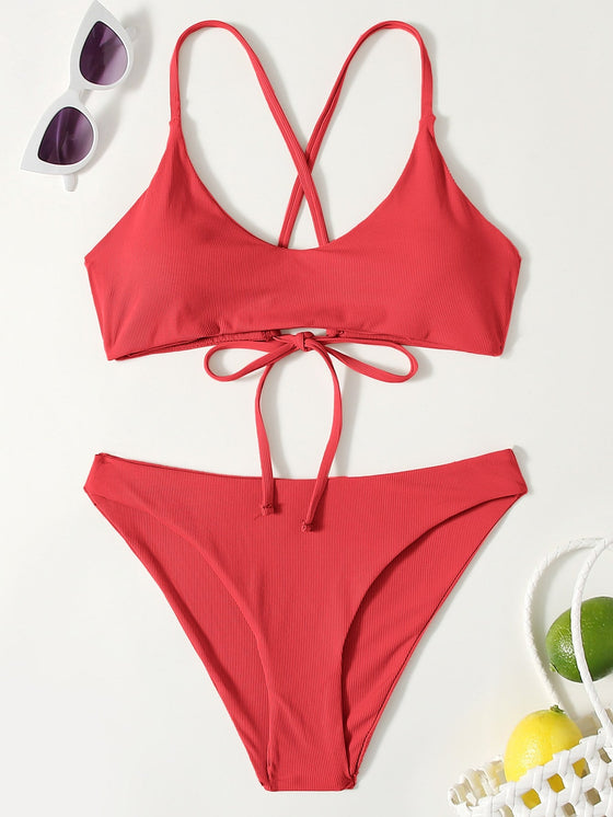 Rib Tie Back Bikini Swimsuit