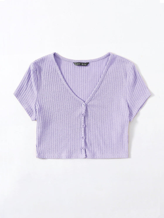 V neck Button Placket Crop Tee