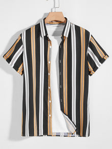  Men Vertical Striped Button Up Shirt