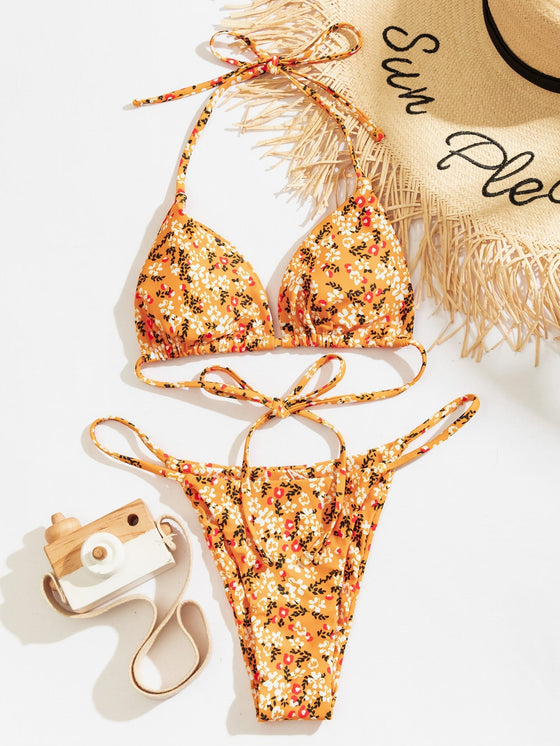 Allover Floral Halter Thong Bikini Swimsuit