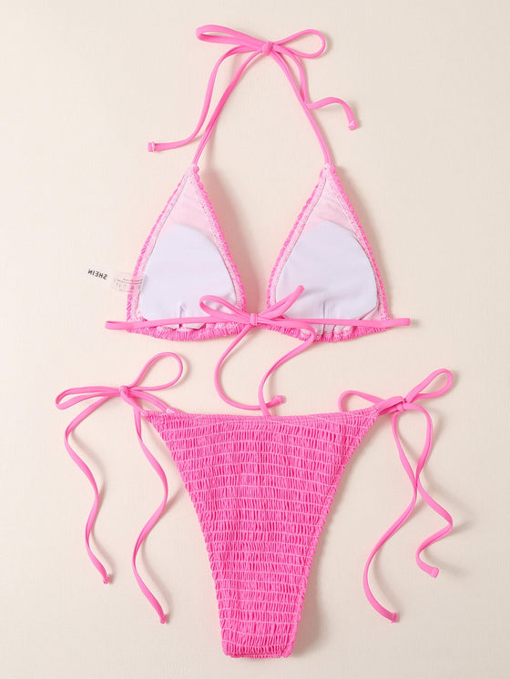 Smocked Micro Triangle Tie Side Bikini Swimsuit