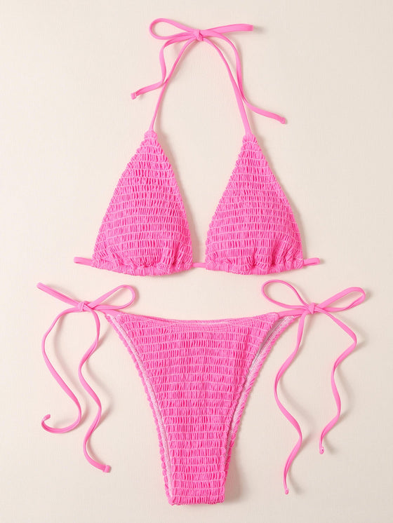 Smocked Micro Triangle Tie Side Bikini Swimsuit