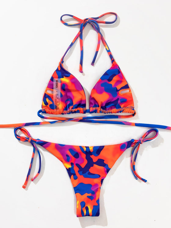 Camo Print Triangle Tie Side Bikini Swimsuit