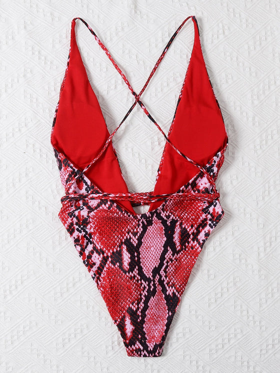 Snakeskin Print Plunging One Piece Swimsuit