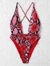 Snakeskin Print Plunging One Piece Swimsuit