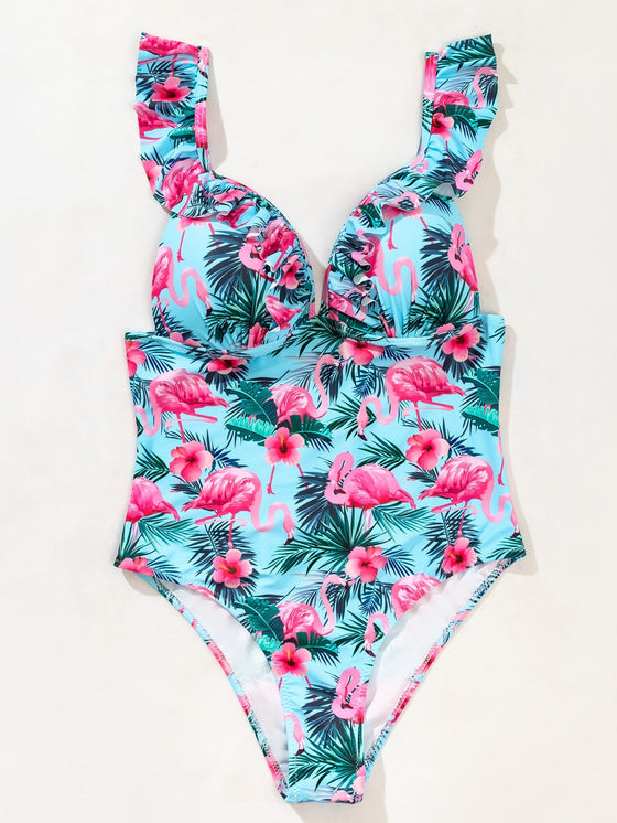 Flamingo Tropical Ruffle One Piece Swimsuit