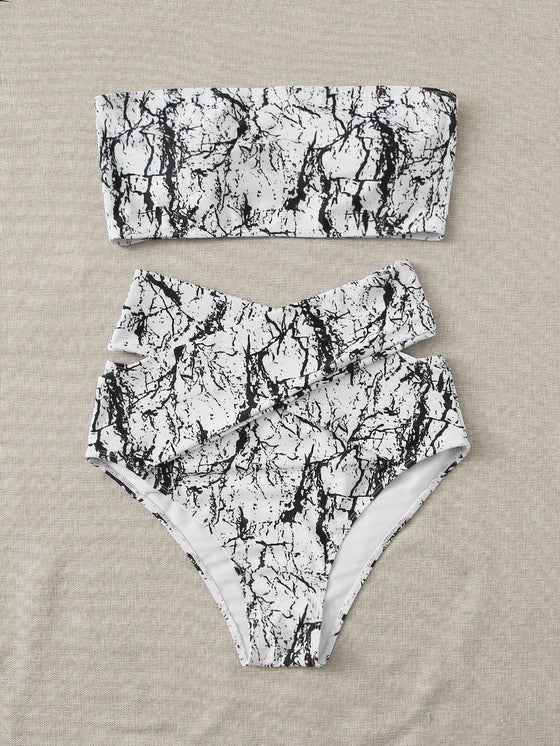 Plus Marble Print Bandeau Bikini Swimsuit