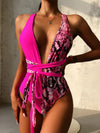 Snakeskin Knot Waist Halter One Piece Swimsuit