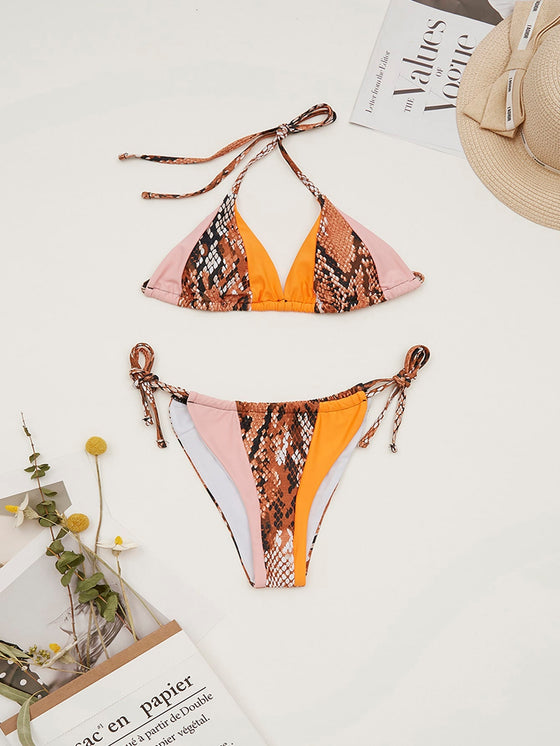 Snakeskin Micro Triangle Thong Bikini Swimsuit