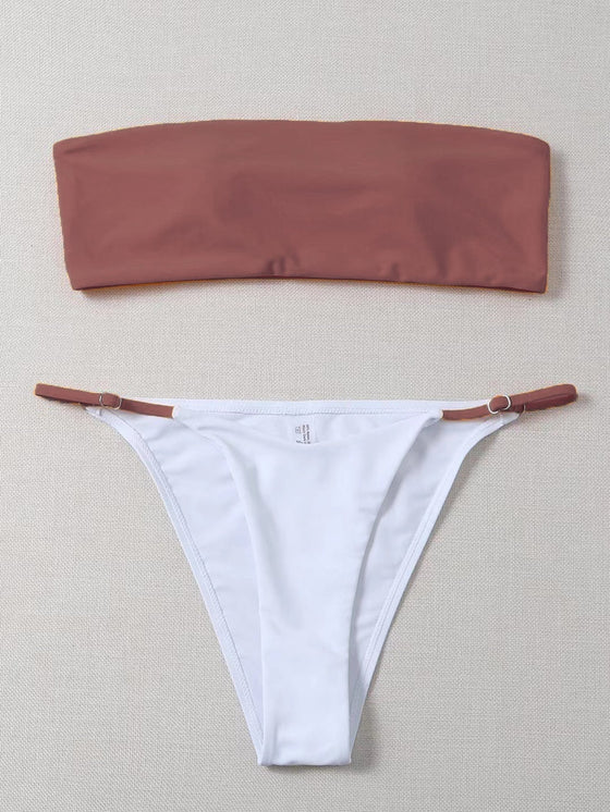 Two Tone Bandeau Thong Bikini Swimsuit