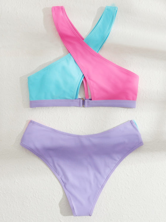 Color Block Cross Front Bikini Swimsuit