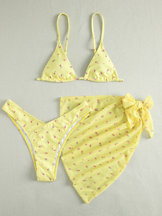 3pack Floral Triangle Bikini Swimsuit With Beach Skirt