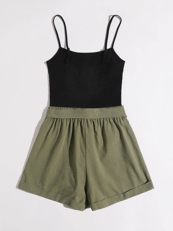 Rolled Hem Belted Combo Cami Romper