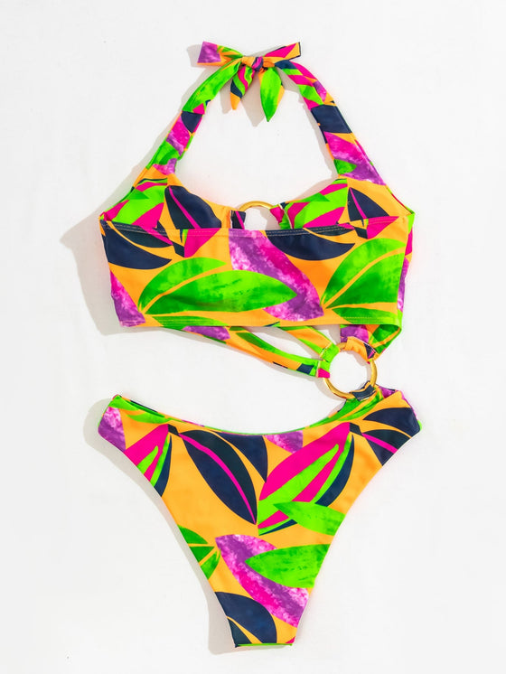 Leaf Print Ring Linked Cut out One Piece Swimsuit