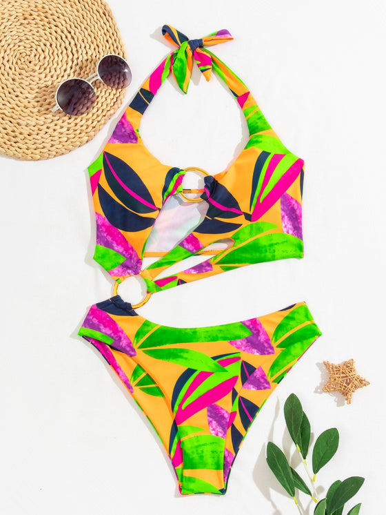 Leaf Print Ring Linked Cut out One Piece Swimsuit