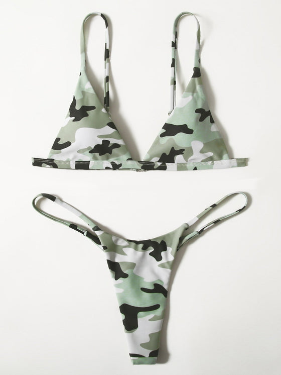 Camo Pattern Triangle Thong Bikini Swimsuit