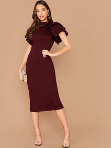  Layered Flutter Sleeve Split Back Bodycon Dress