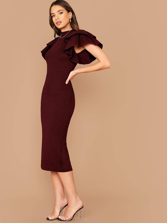 Layered Flutter Sleeve Split Back Bodycon Dress