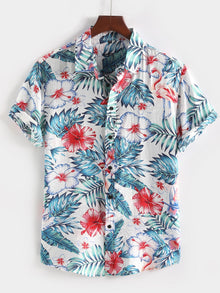  Men Hawaiian Print Button Up Shirt