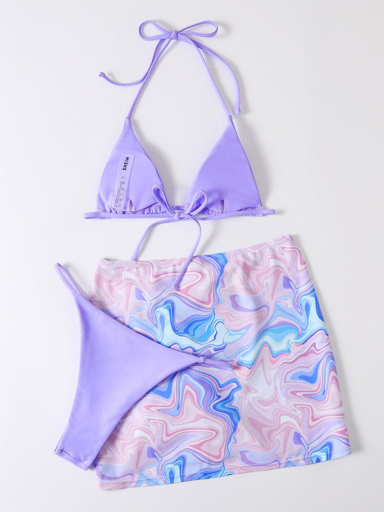 3pack Micro Triangle Bikini Swimsuit Marble Print Skirt