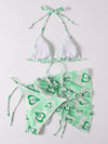 3pack Heart Print Triangle Bikini Swimsuit Beach Skirt